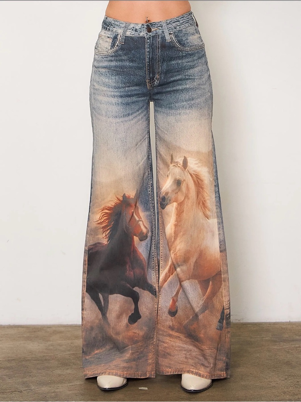 Denim washed horse equestrian print boho wide leg western flare bohemian jeans